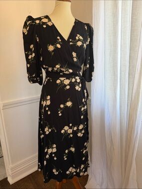 Reformation Black Wrap Midi Dress with Cream Floral Print